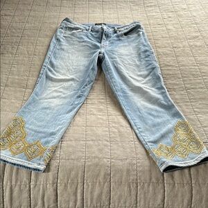 White House Black Market Blue and Gold Flare Jeans with Embroidery